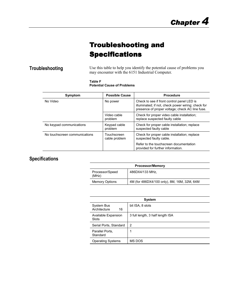 4 - troubleshooting and specifications, Troubleshooting, Specifications | Troubleshooting and, Chapter | Rockwell Automation 6151 Industrial Computer User Manual | Page 27 / 32