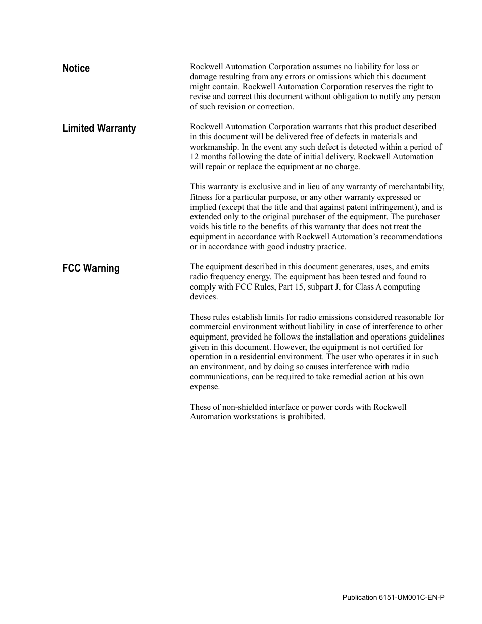 Notice, Limited warranty, Fcc warning | Rockwell Automation 6151 Industrial Computer User Manual | Page 3 / 32