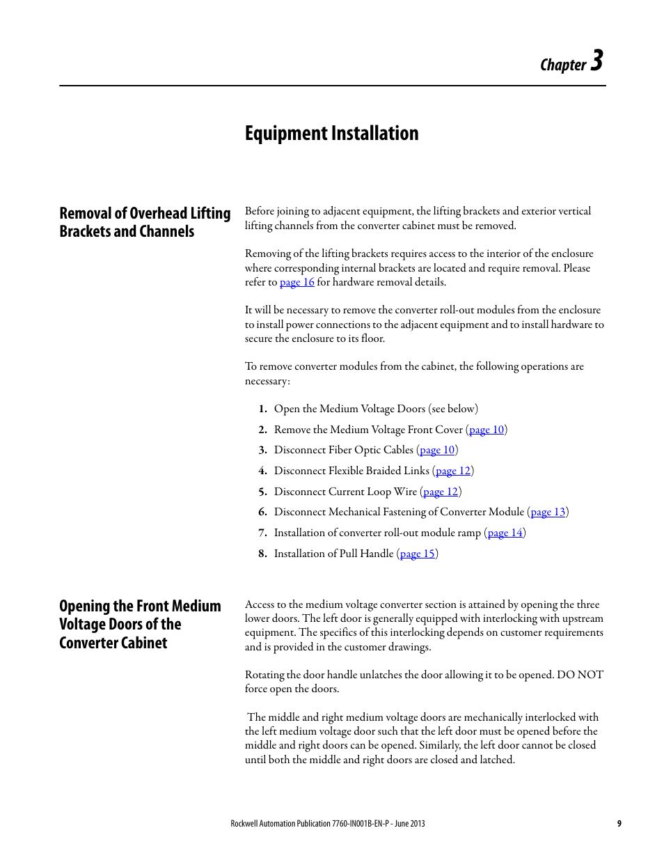 Chapter 3 - equipment installation, Removal of overhead lifting brackets and channels, Chapter 3 | Equipment installation, Chapter | Rockwell Automation 7763 OneGear MV SMC Flex Solid-State Motor Controller User Manual | Page 11 / 44