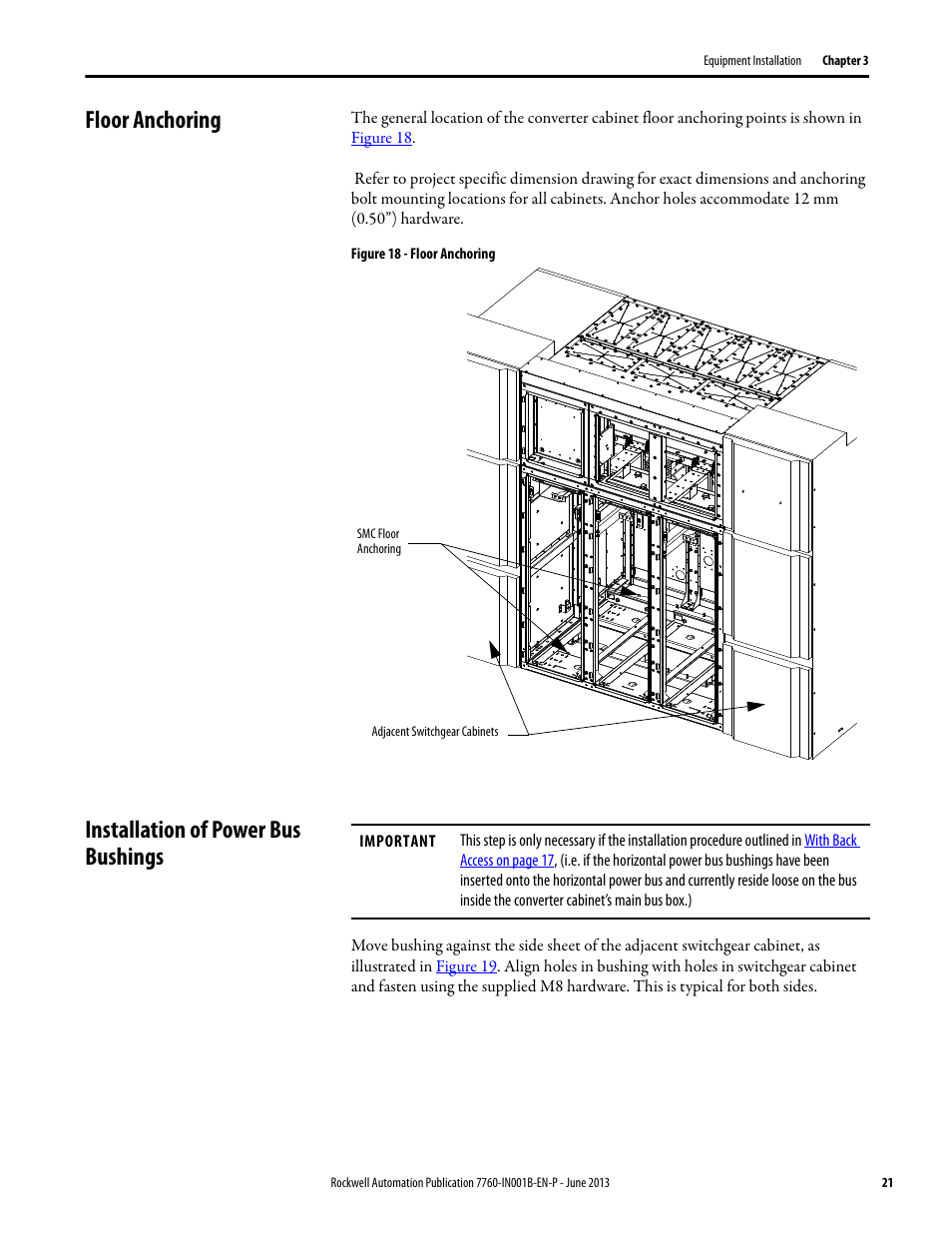 Floor anchoring, Installation of power bus bushings, Floor anchoring installation of power bus bushings | Rockwell Automation 7763 OneGear MV SMC Flex Solid-State Motor Controller User Manual | Page 23 / 44