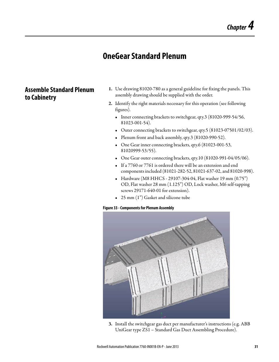 Chapter 4 - onegear standard plenum, Assemble standard plenum to cabinetry, Chapter 4 | Onegear standard plenum, Chapter | Rockwell Automation 7763 OneGear MV SMC Flex Solid-State Motor Controller User Manual | Page 33 / 44