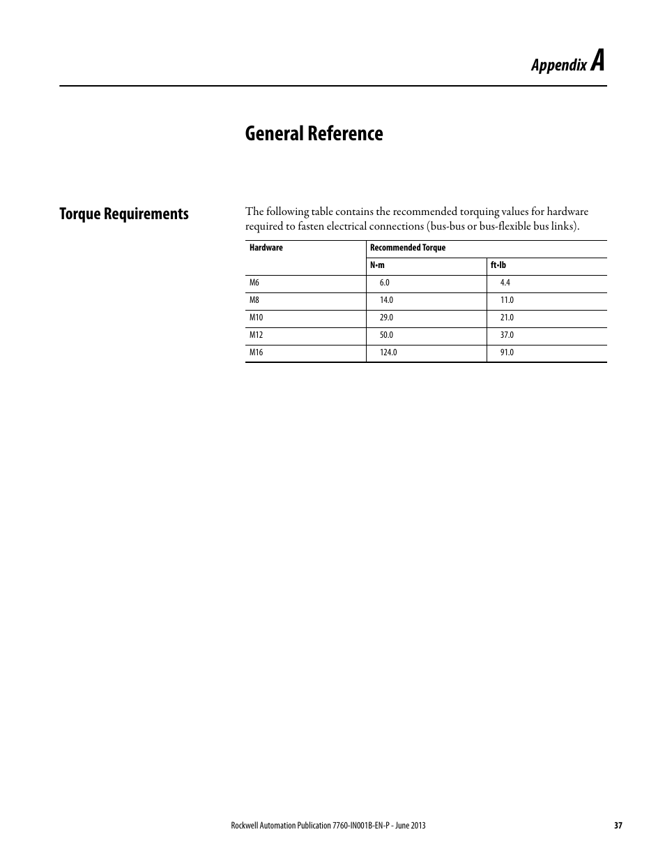 Appendix a - general reference, Torque requirements, Appendix a | General reference, Appendix | Rockwell Automation 7763 OneGear MV SMC Flex Solid-State Motor Controller User Manual | Page 39 / 44