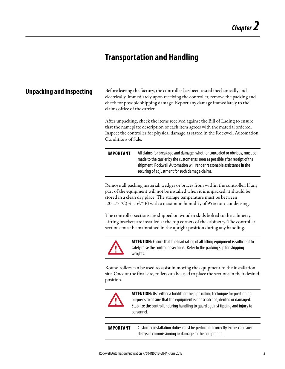 Chapter 2 - transportation and handling, Unpacking and inspecting, Chapter 2 | Transportation and handling, Chapter | Rockwell Automation 7763 OneGear MV SMC Flex Solid-State Motor Controller User Manual | Page 7 / 44