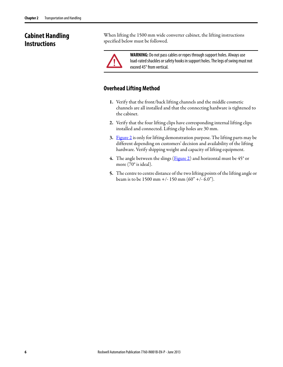 Cabinet handling instructions, Overhead lifting method | Rockwell Automation 7763 OneGear MV SMC Flex Solid-State Motor Controller User Manual | Page 8 / 44