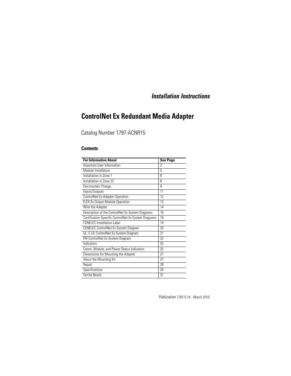 Rockwell Automation 1797-ACNR15 ControlNet Ex Redundant Media Adapter User Manual | 32 pages