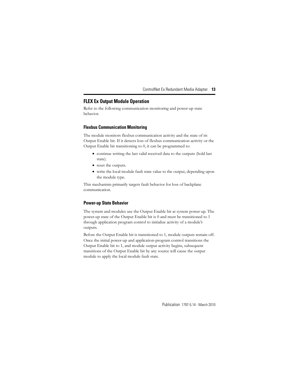 Flex ex output module operation | Rockwell Automation 1797-ACNR15 ControlNet Ex Redundant Media Adapter User Manual | Page 13 / 32