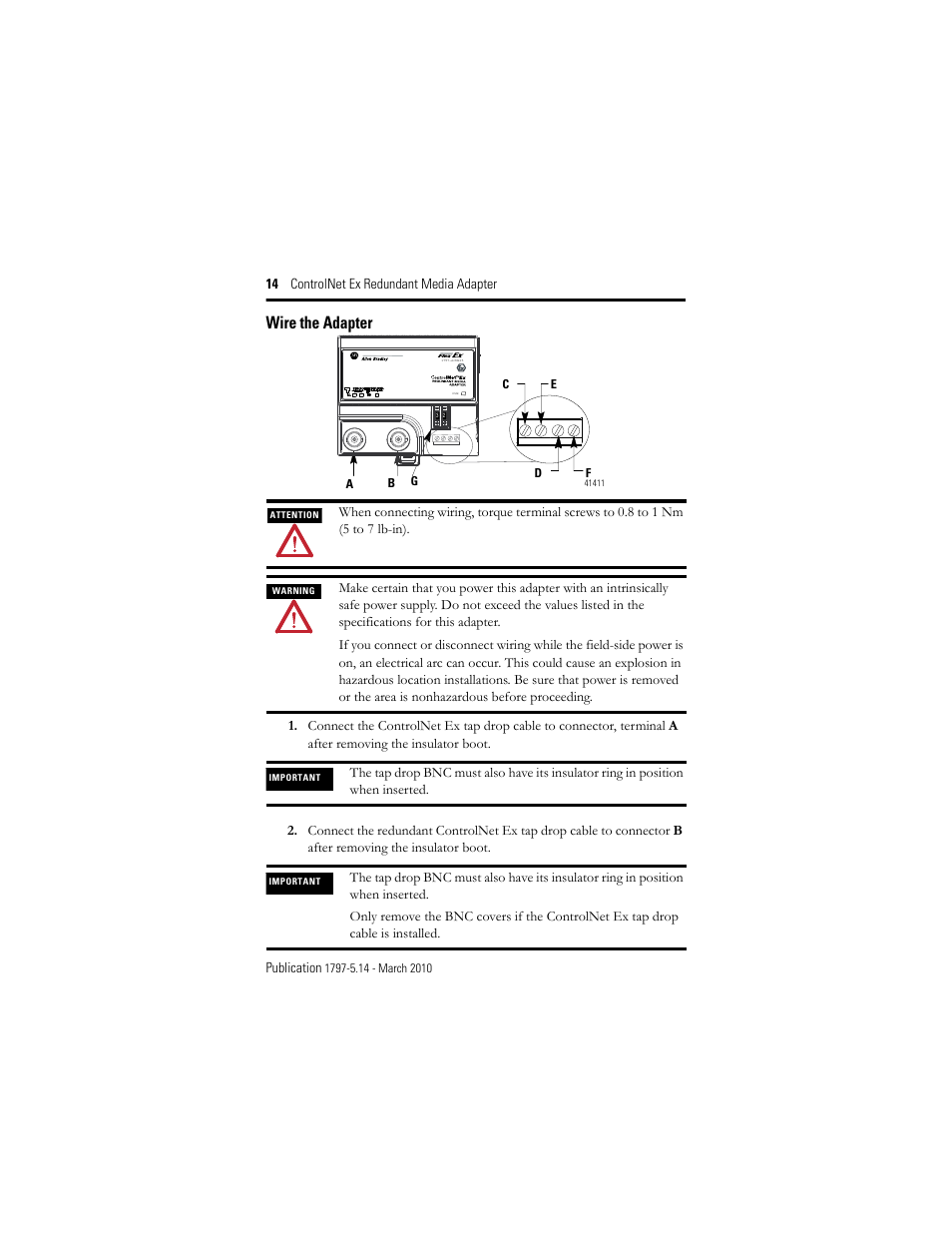Wire the adapter | Rockwell Automation 1797-ACNR15 ControlNet Ex Redundant Media Adapter User Manual | Page 14 / 32