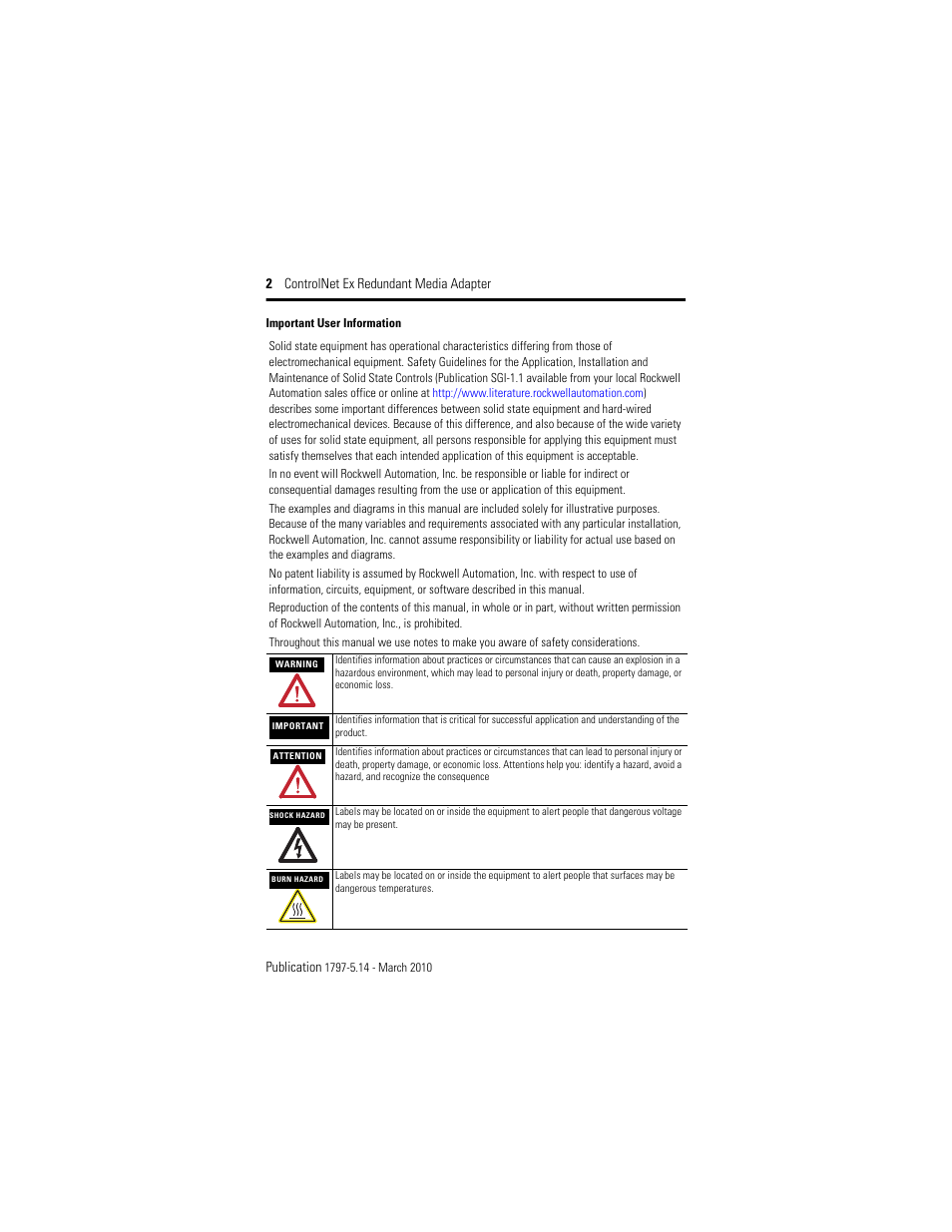 Important user information | Rockwell Automation 1797-ACNR15 ControlNet Ex Redundant Media Adapter User Manual | Page 2 / 32