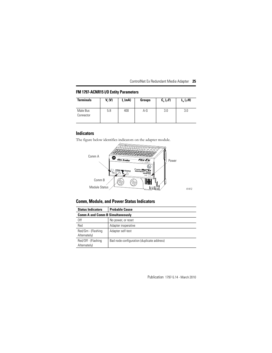 Indicators, Comm, module, and power status indicators | Rockwell Automation 1797-ACNR15 ControlNet Ex Redundant Media Adapter User Manual | Page 25 / 32