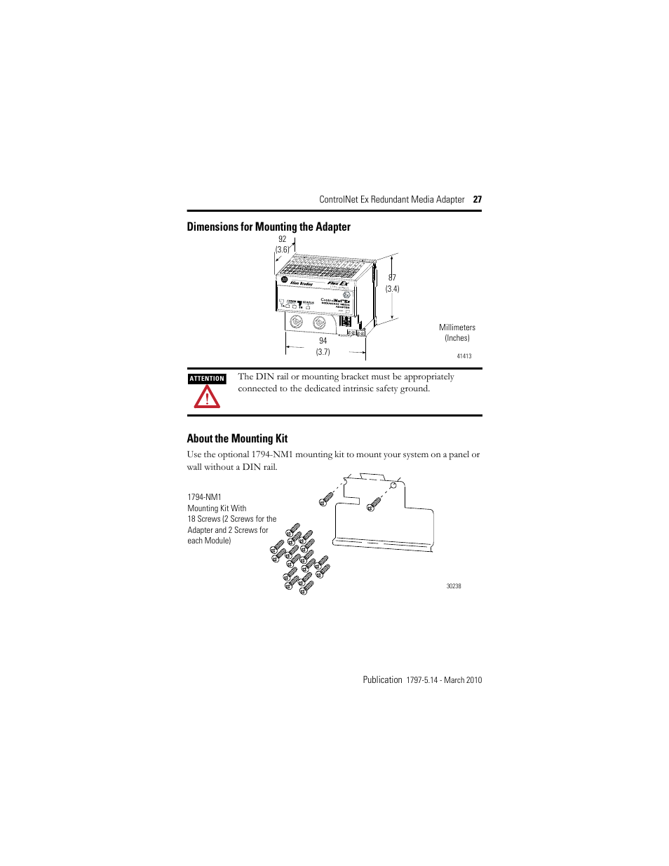 Dimensions for mounting the adapter, About the mounting kit | Rockwell Automation 1797-ACNR15 ControlNet Ex Redundant Media Adapter User Manual | Page 27 / 32