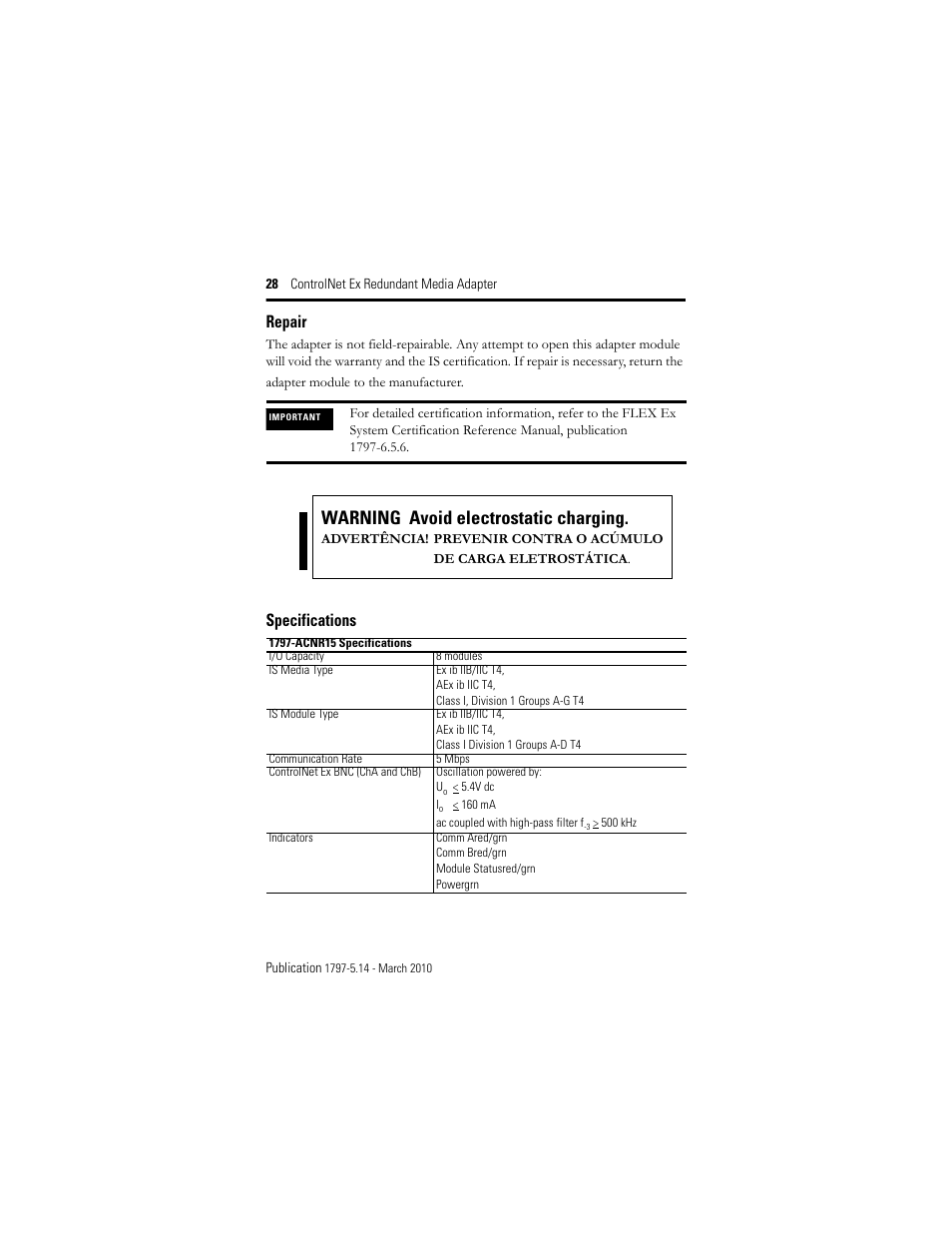 Repair, Specifications, Warning avoid electrostatic charging | Rockwell Automation 1797-ACNR15 ControlNet Ex Redundant Media Adapter User Manual | Page 28 / 32