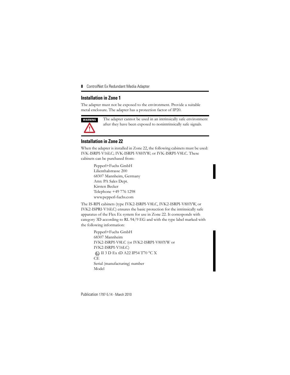 Installation in zone 1, Installation in zone 22 | Rockwell Automation 1797-ACNR15 ControlNet Ex Redundant Media Adapter User Manual | Page 8 / 32