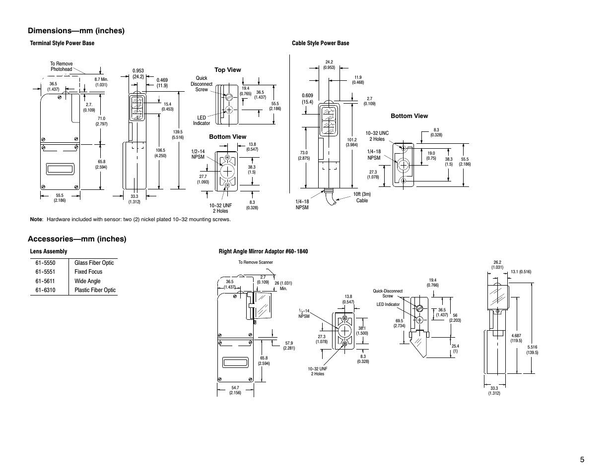 5dimensions—mm (inches), Accessories—mm (inches) | Rockwell Automation 5000 Blue Line User Manual | Page 5 / 6