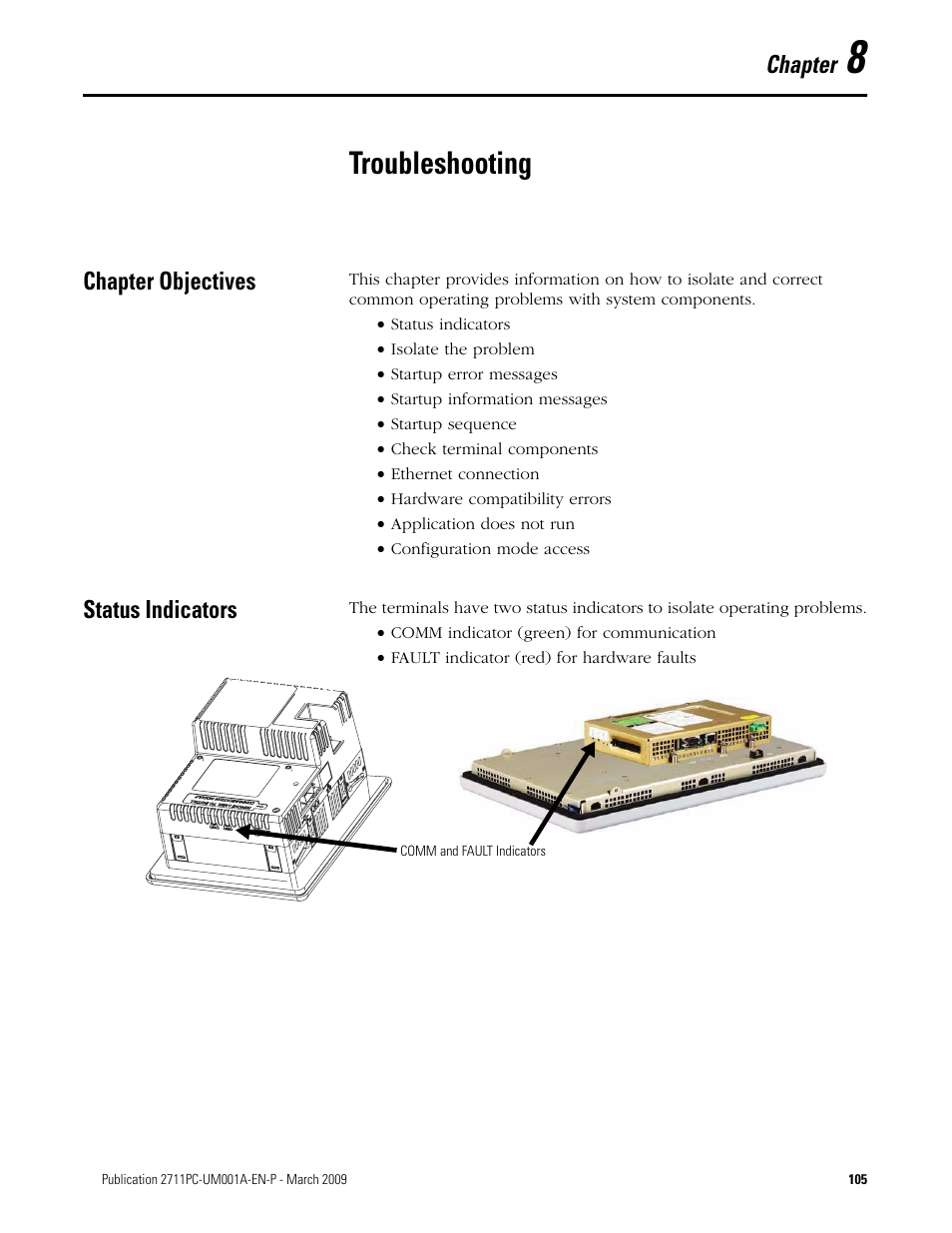 8 - troubleshooting, Chapter objectives, Status indicators | Chapter 8, Troubleshooting, Chapter objectives status indicators, Refer to, Chapter | Rockwell Automation 2711PC-xxxx PanelView Plus Compact User Manual User Manual | Page 105 / 132