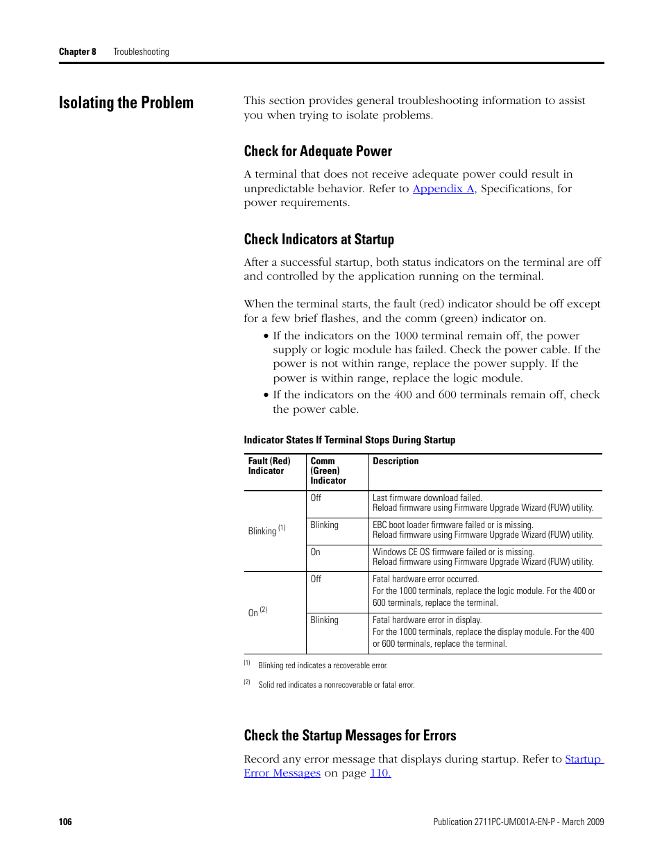 Isolating the problem, Check for adequate power, Check indicators at startup | Check the startup messages for errors | Rockwell Automation 2711PC-xxxx PanelView Plus Compact User Manual User Manual | Page 106 / 132