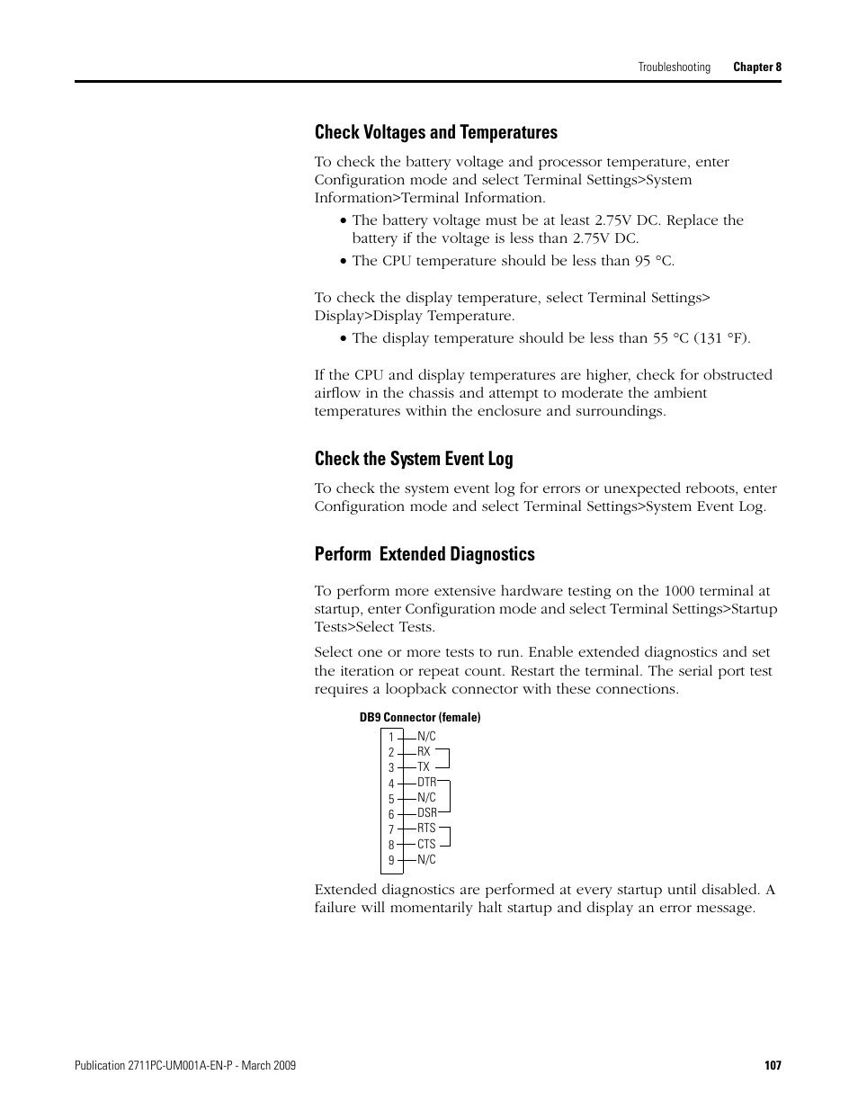 Check voltages and temperatures, Check the system event log, Perform extended diagnostics | Rockwell Automation 2711PC-xxxx PanelView Plus Compact User Manual User Manual | Page 107 / 132