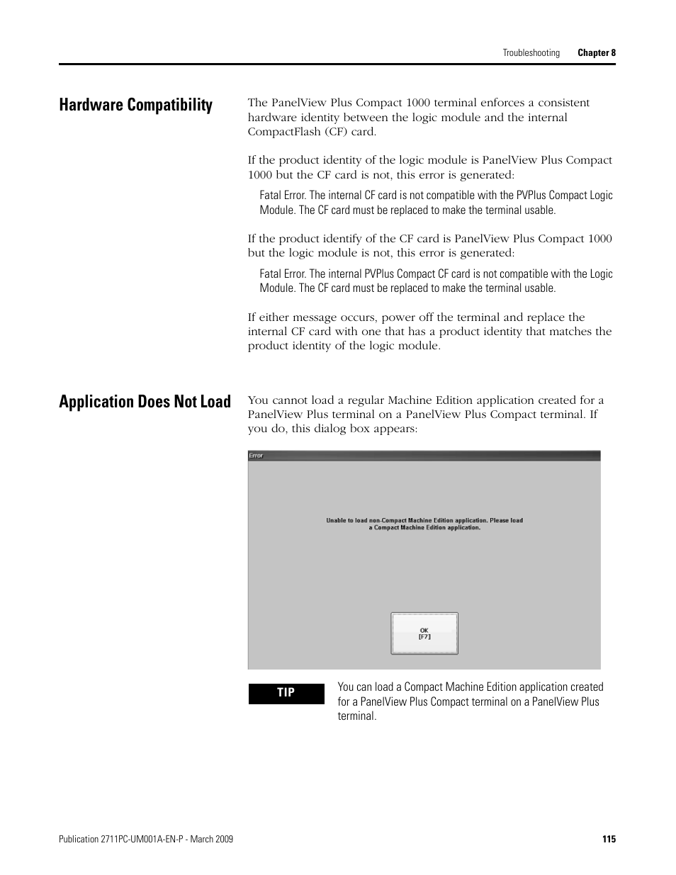Hardware compatibility, Application does not load, Hardware compatibility application does not load | Rockwell Automation 2711PC-xxxx PanelView Plus Compact User Manual User Manual | Page 115 / 132