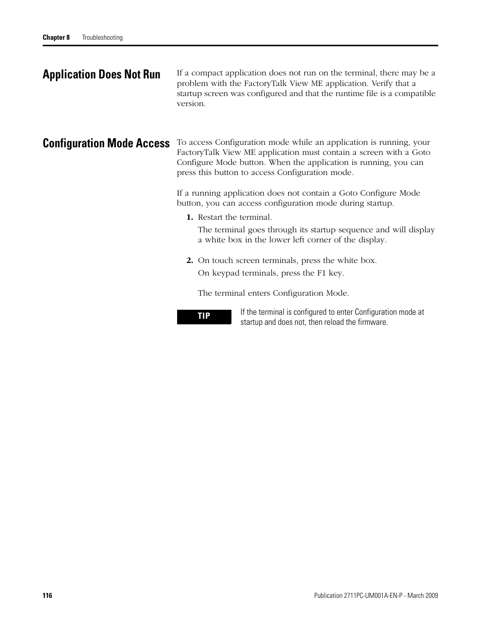 Application does not run, Configuration mode access, Application does not run configuration mode access | Rockwell Automation 2711PC-xxxx PanelView Plus Compact User Manual User Manual | Page 116 / 132