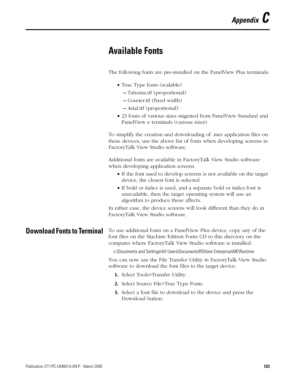 C - available fonts, Download fonts to terminal, Appendix c | Available fonts, Appendix | Rockwell Automation 2711PC-xxxx PanelView Plus Compact User Manual User Manual | Page 123 / 132