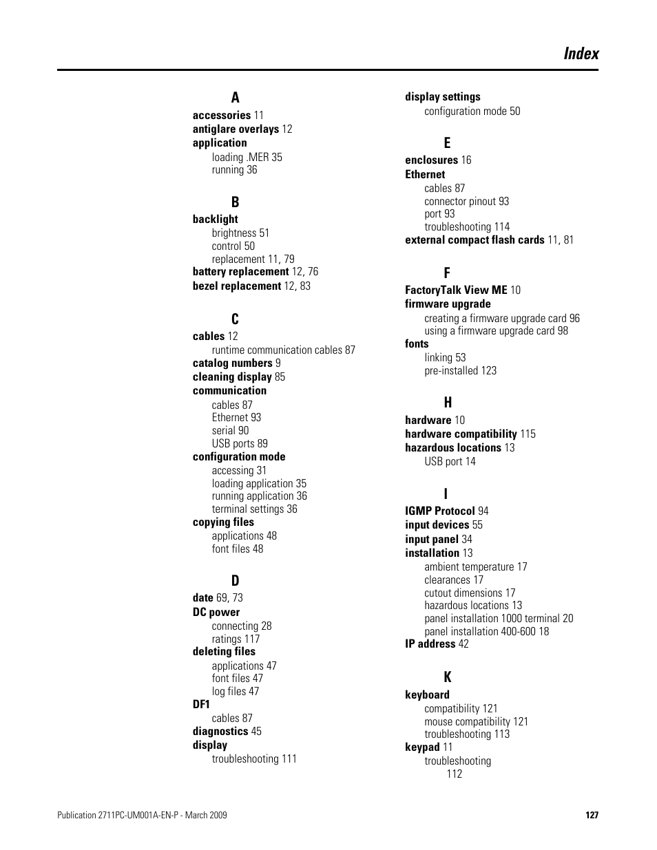 Index | Rockwell Automation 2711PC-xxxx PanelView Plus Compact User Manual User Manual | Page 127 / 132
