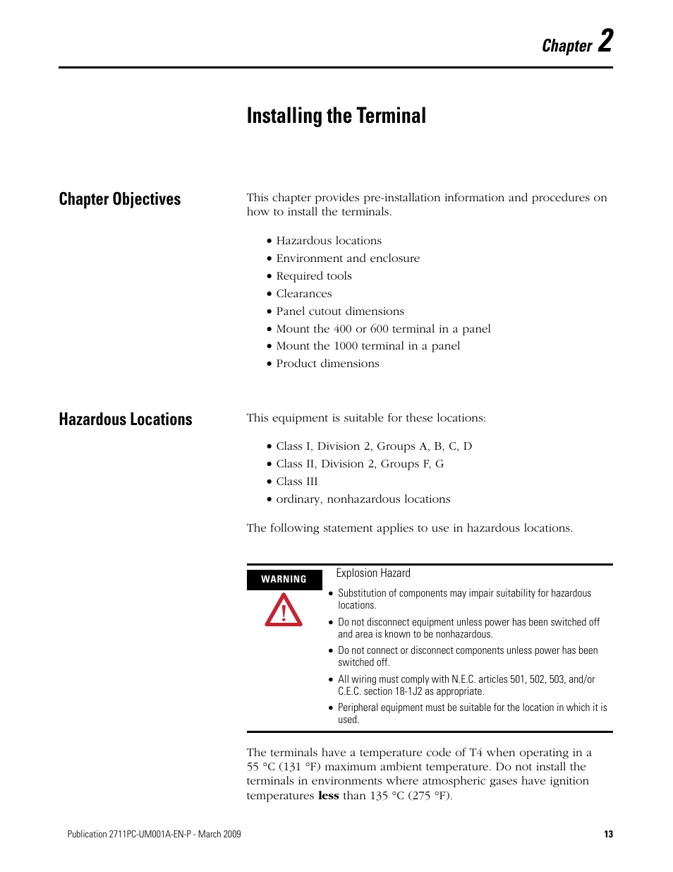 2 - installing the terminal, Chapter objectives, Hazardous locations | Chapter 2, Installing the terminal, Chapter objectives hazardous locations, Chapter | Rockwell Automation 2711PC-xxxx PanelView Plus Compact User Manual User Manual | Page 13 / 132