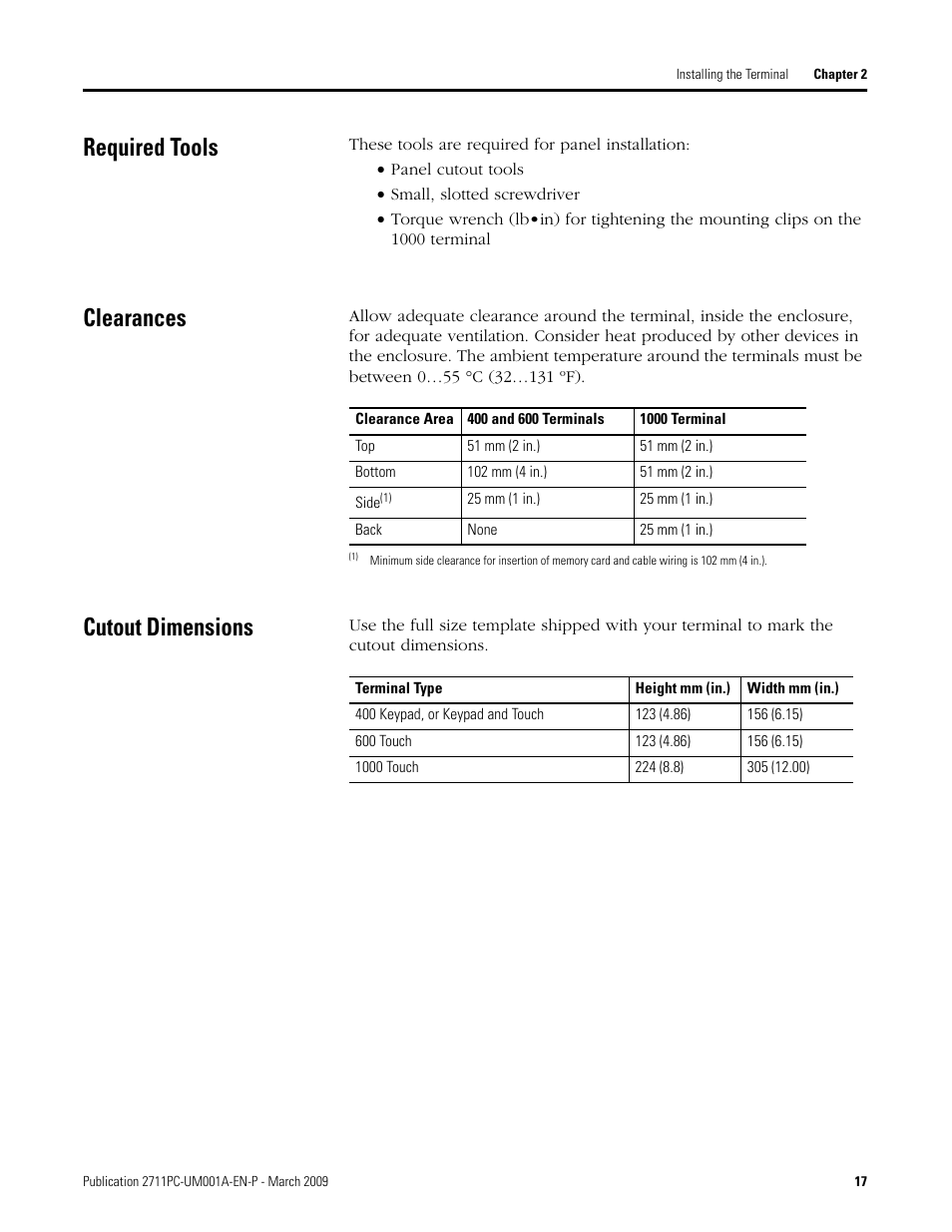 Required tools, Clearances, Cutout dimensions | Required tools clearances cutout dimensions | Rockwell Automation 2711PC-xxxx PanelView Plus Compact User Manual User Manual | Page 17 / 132