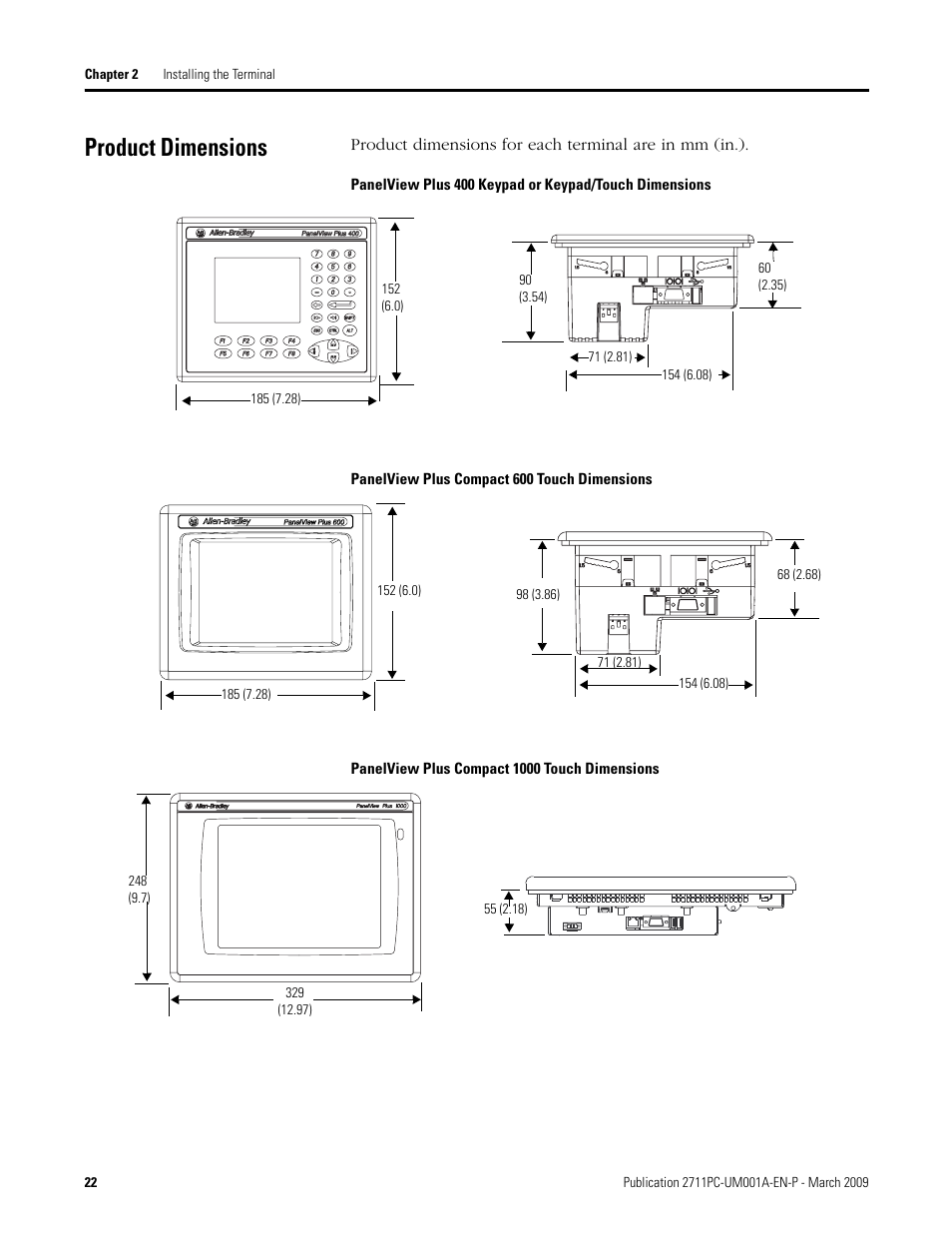 Product dimensions | Rockwell Automation 2711PC-xxxx PanelView Plus Compact User Manual User Manual | Page 22 / 132