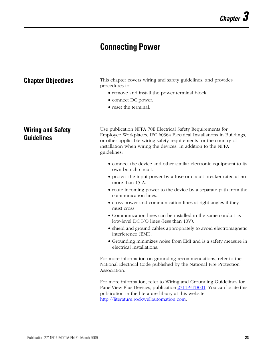 3 - connecting power, Chapter objectives, Wiring and safety guidelines | Chapter 3, Connecting power, Chapter objectives wiring and safety guidelines, Chapter | Rockwell Automation 2711PC-xxxx PanelView Plus Compact User Manual User Manual | Page 23 / 132