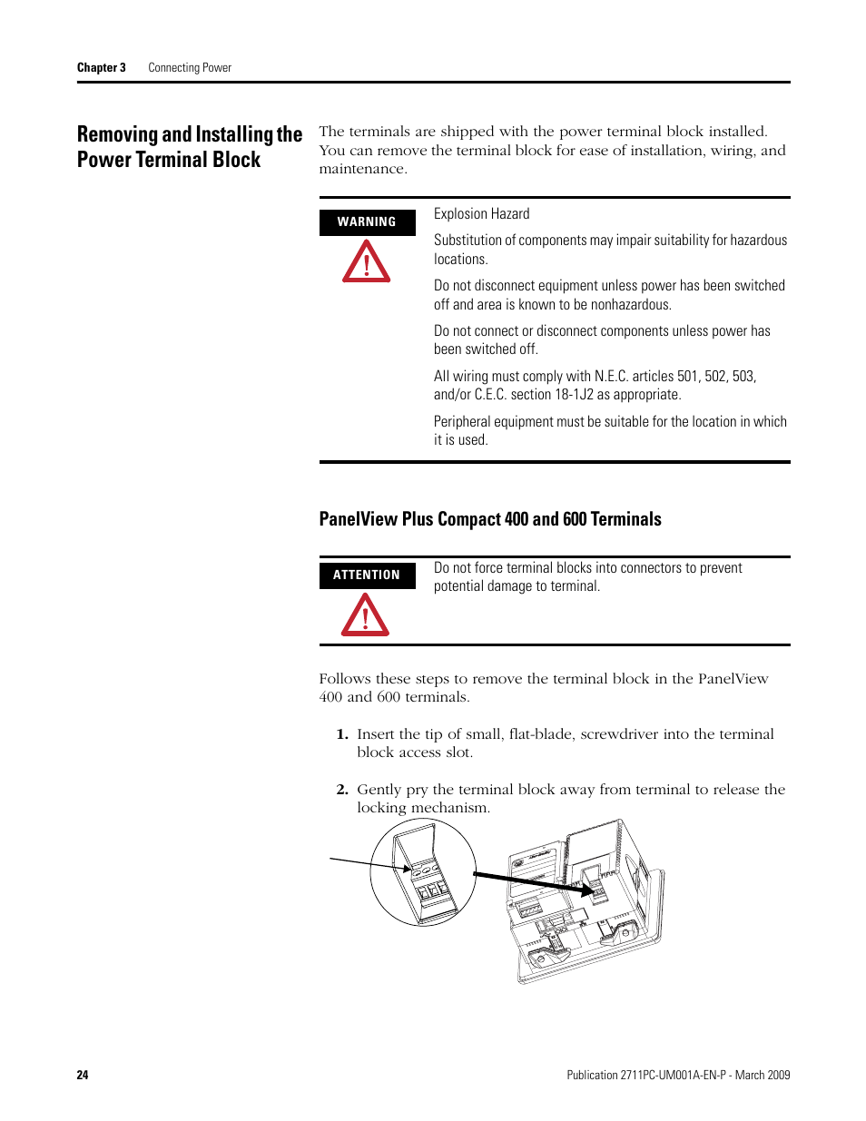 Removing and installing the power terminal block | Rockwell Automation 2711PC-xxxx PanelView Plus Compact User Manual User Manual | Page 24 / 132