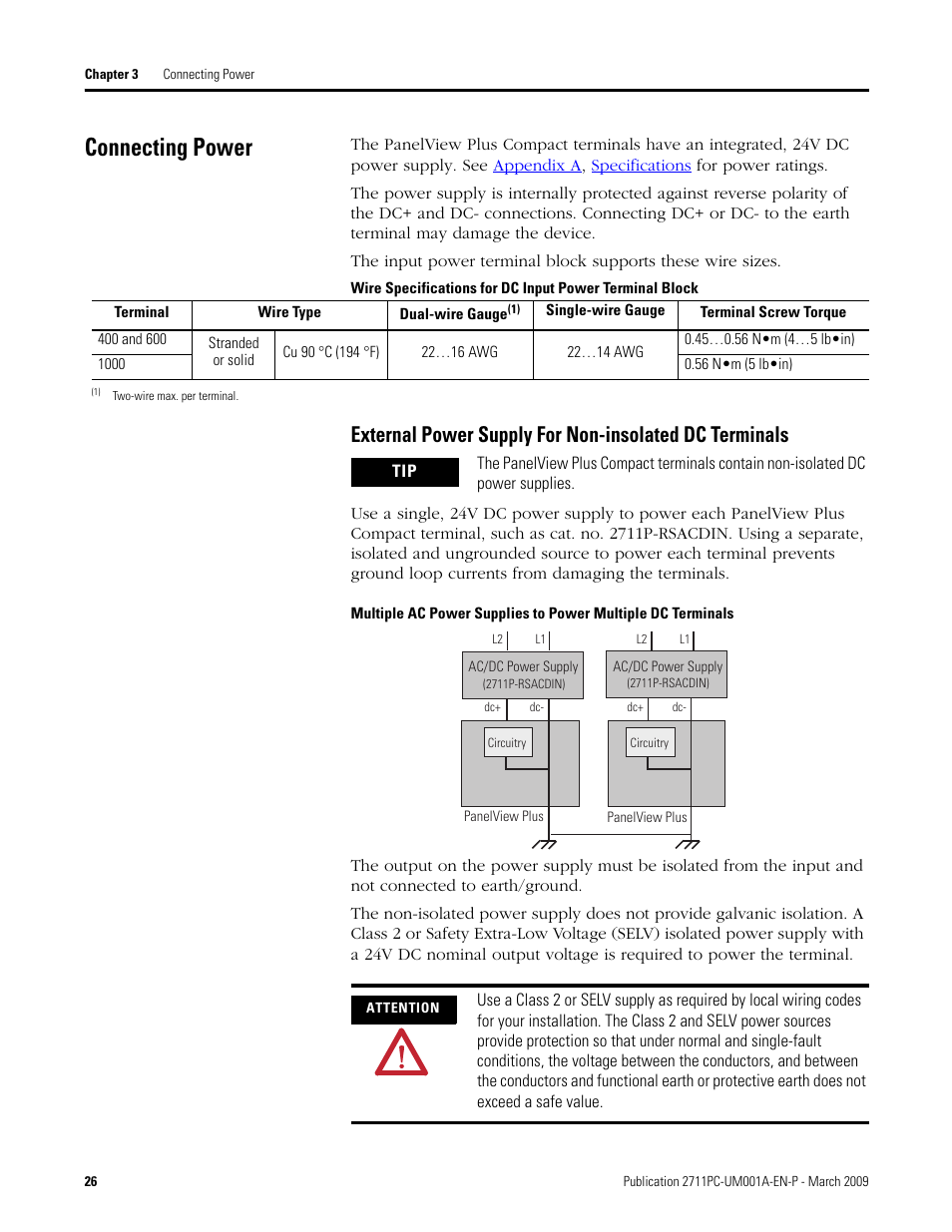 Connecting power | Rockwell Automation 2711PC-xxxx PanelView Plus Compact User Manual User Manual | Page 26 / 132