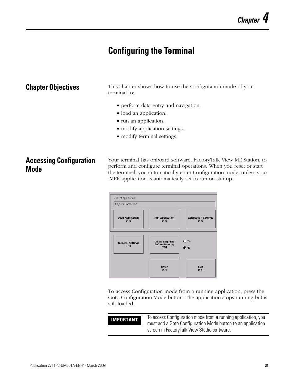 4 - configuring the terminal, Chapter objectives, Accessing configuration mode | Chapter 4, Configuring the terminal, Chapter objectives accessing configuration mode, Chapter | Rockwell Automation 2711PC-xxxx PanelView Plus Compact User Manual User Manual | Page 31 / 132