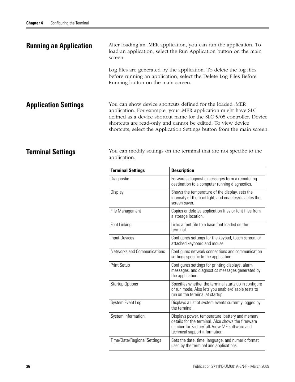 Running an application, Application settings, Terminal settings | Rockwell Automation 2711PC-xxxx PanelView Plus Compact User Manual User Manual | Page 36 / 132