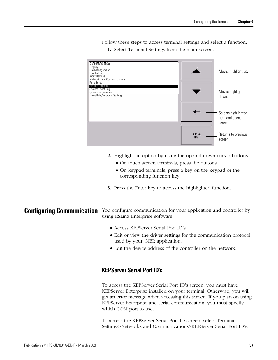 Configuring communication, Kepserver serial port id’s | Rockwell Automation 2711PC-xxxx PanelView Plus Compact User Manual User Manual | Page 37 / 132