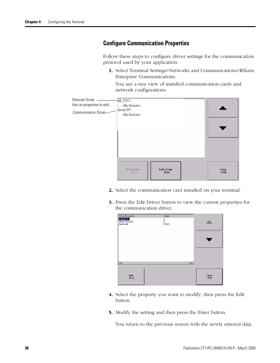 Configure communication properties | Rockwell Automation 2711PC-xxxx PanelView Plus Compact User Manual User Manual | Page 38 / 132