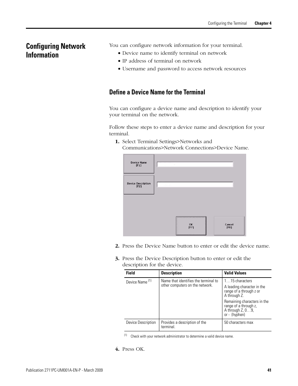 Configuring network information, Define a device name for the terminal | Rockwell Automation 2711PC-xxxx PanelView Plus Compact User Manual User Manual | Page 41 / 132