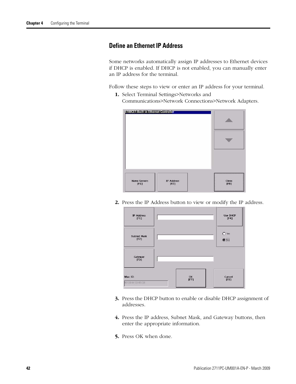 Define an ethernet ip address | Rockwell Automation 2711PC-xxxx PanelView Plus Compact User Manual User Manual | Page 42 / 132