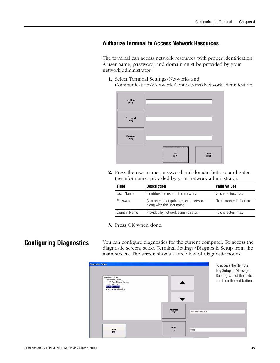 Configuring diagnostics, Authorize terminal to access network resources | Rockwell Automation 2711PC-xxxx PanelView Plus Compact User Manual User Manual | Page 45 / 132