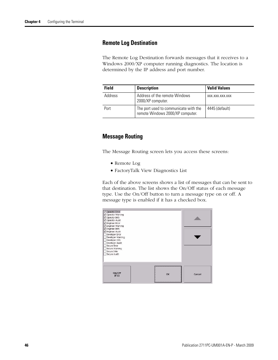 Remote log destination, Message routing | Rockwell Automation 2711PC-xxxx PanelView Plus Compact User Manual User Manual | Page 46 / 132