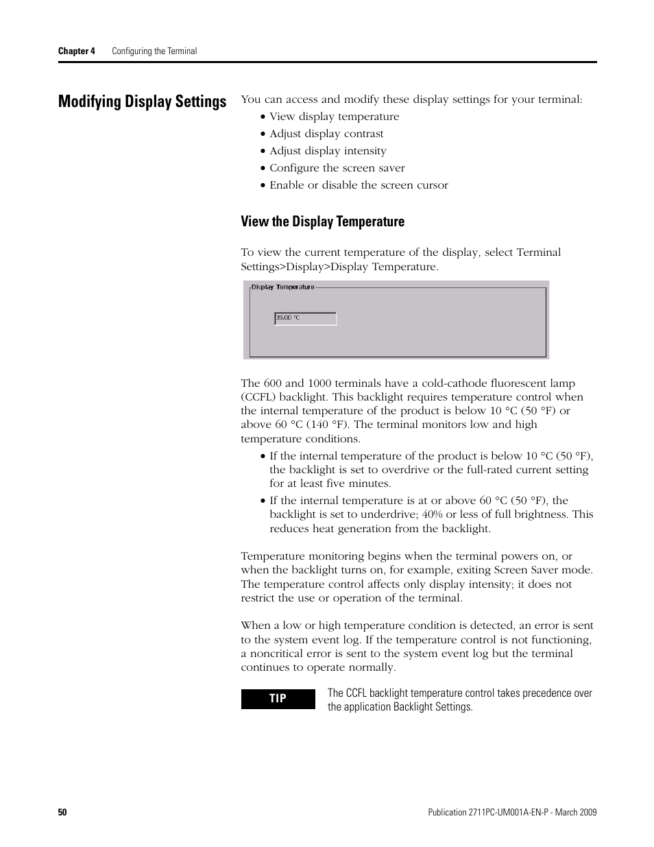 Modifying display settings, View the display temperature | Rockwell Automation 2711PC-xxxx PanelView Plus Compact User Manual User Manual | Page 50 / 132