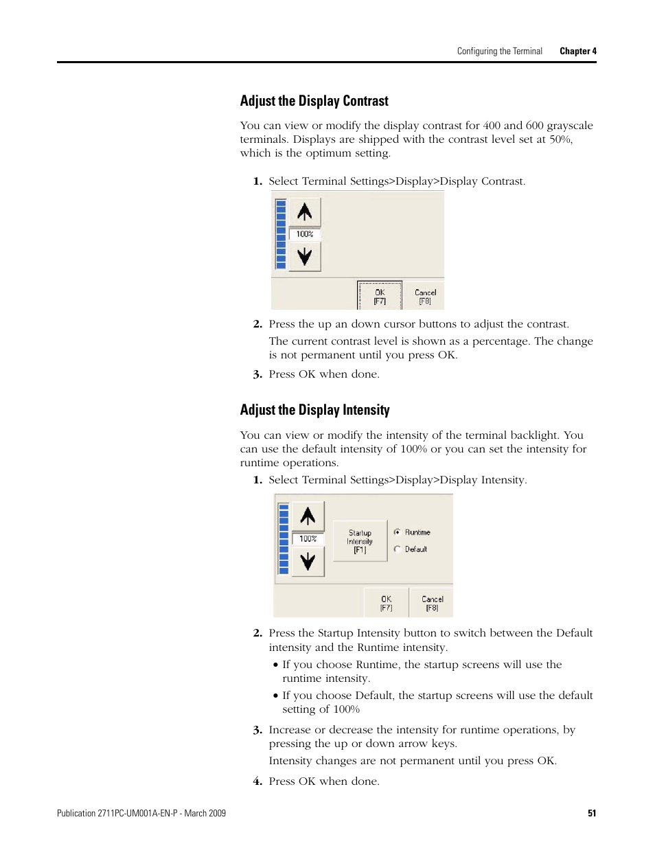 Adjust the display contrast, Adjust the display intensity | Rockwell Automation 2711PC-xxxx PanelView Plus Compact User Manual User Manual | Page 51 / 132