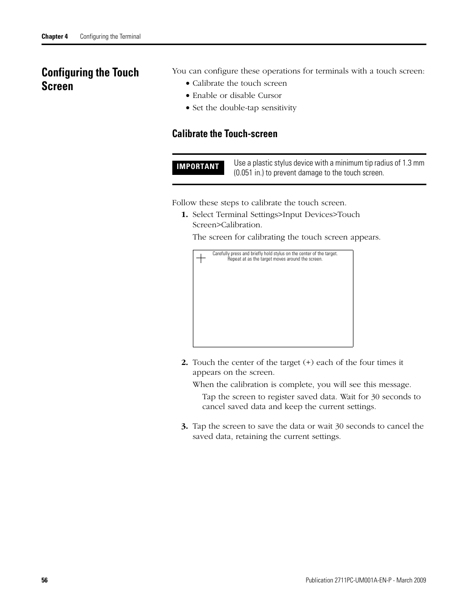 Configuring the touch screen, Calibrate the touch-screen | Rockwell Automation 2711PC-xxxx PanelView Plus Compact User Manual User Manual | Page 56 / 132