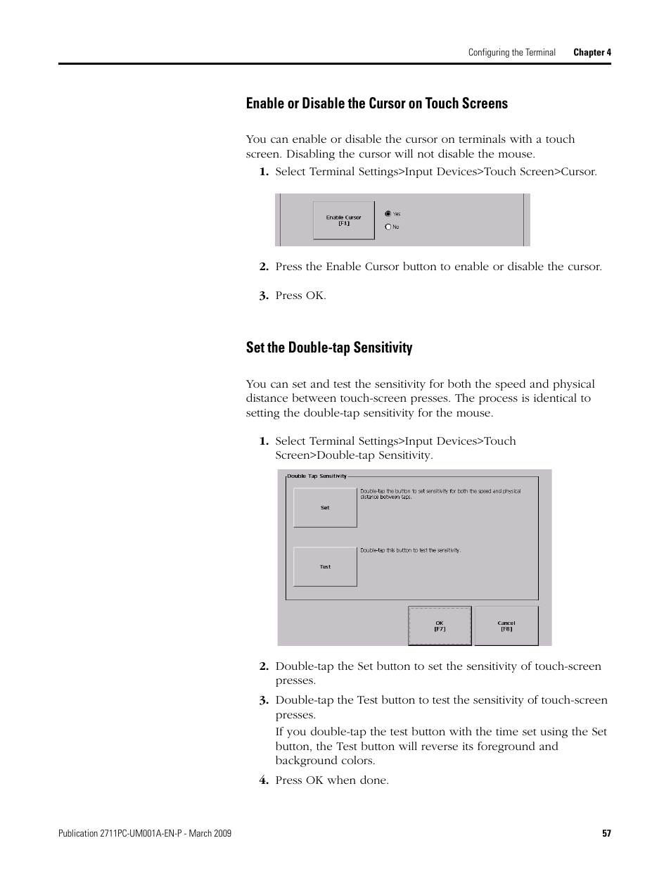 Enable or disable the cursor on touch screens, Set the double-tap sensitivity | Rockwell Automation 2711PC-xxxx PanelView Plus Compact User Manual User Manual | Page 57 / 132