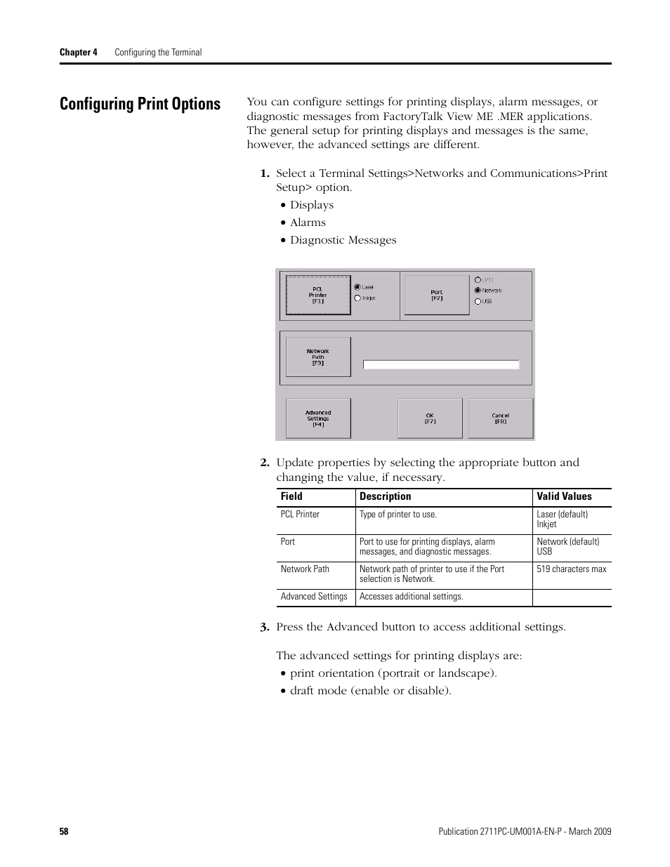 Configuring print options | Rockwell Automation 2711PC-xxxx PanelView Plus Compact User Manual User Manual | Page 58 / 132