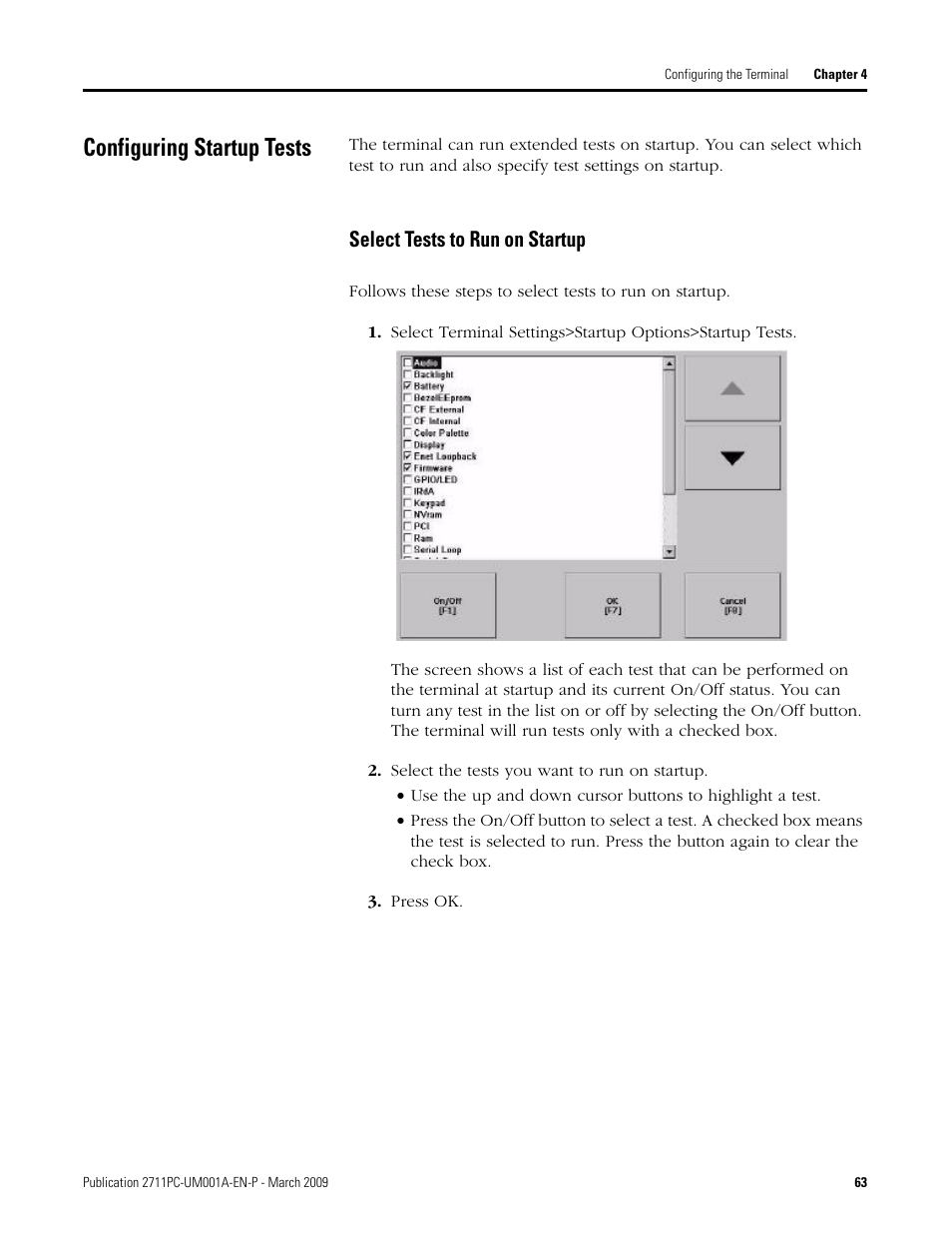 Configuring startup tests, Select tests to run on startup | Rockwell Automation 2711PC-xxxx PanelView Plus Compact User Manual User Manual | Page 63 / 132