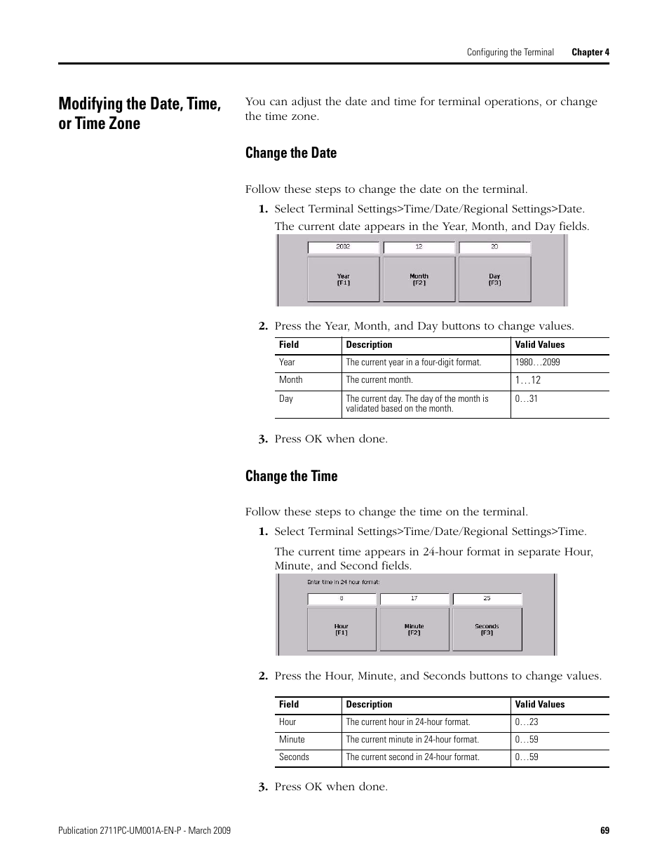 Modifying the date, time, or time zone, Change the date, Change the time | Rockwell Automation 2711PC-xxxx PanelView Plus Compact User Manual User Manual | Page 69 / 132