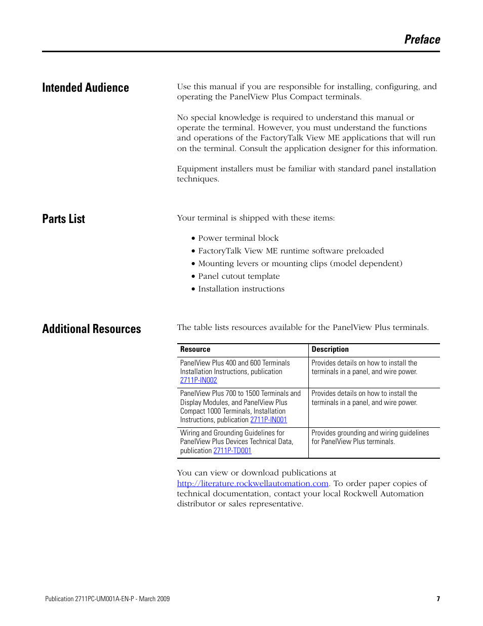 Preface, Intended audience, Parts list | Additional resources, Intended audience parts list additional resources, Preface intended audience | Rockwell Automation 2711PC-xxxx PanelView Plus Compact User Manual User Manual | Page 7 / 132