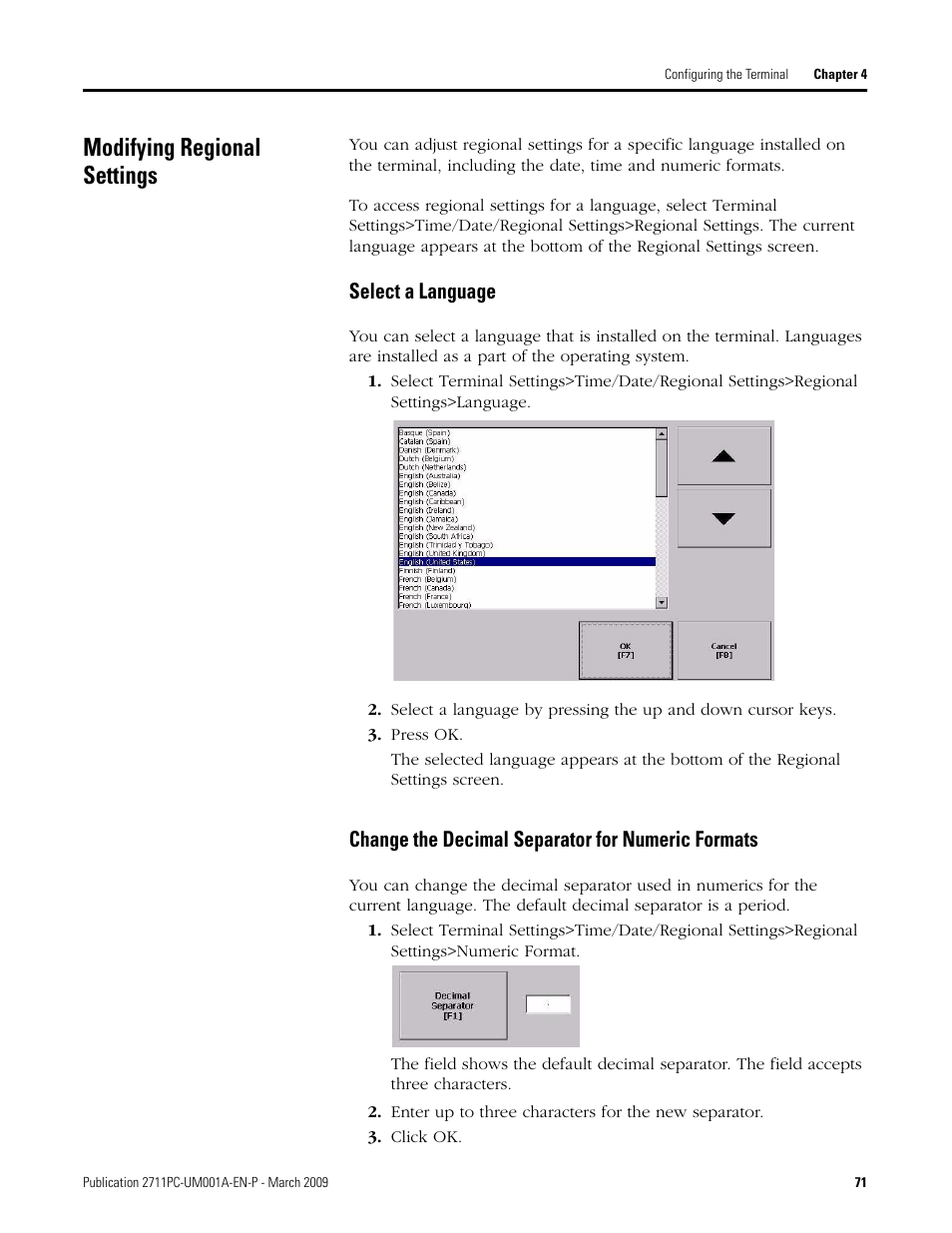 Modifying regional settings, Select a language, Change the decimal separator for numeric formats | Rockwell Automation 2711PC-xxxx PanelView Plus Compact User Manual User Manual | Page 71 / 132