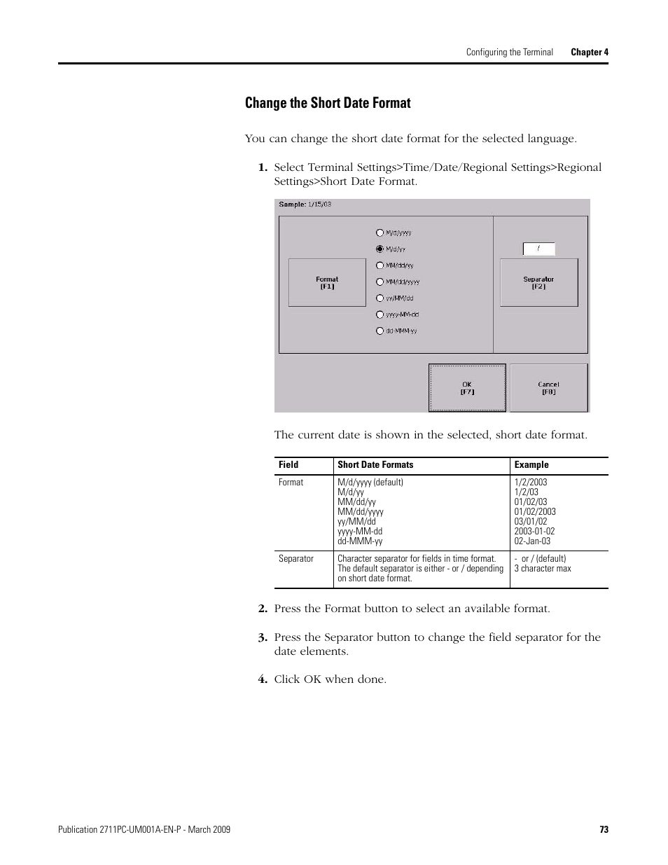 Change the short date format | Rockwell Automation 2711PC-xxxx PanelView Plus Compact User Manual User Manual | Page 73 / 132