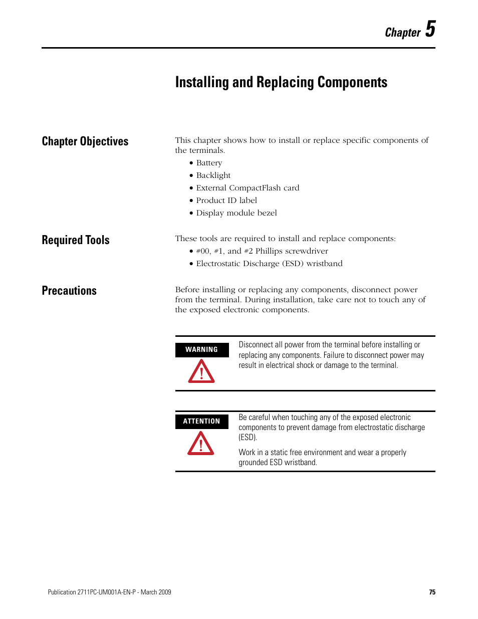 5 - installing and replacing components, Chapter objectives, Required tools | Precautions, Chapter 5, Installing and replacing components, Chapter objectives required tools precautions, Chapter | Rockwell Automation 2711PC-xxxx PanelView Plus Compact User Manual User Manual | Page 75 / 132