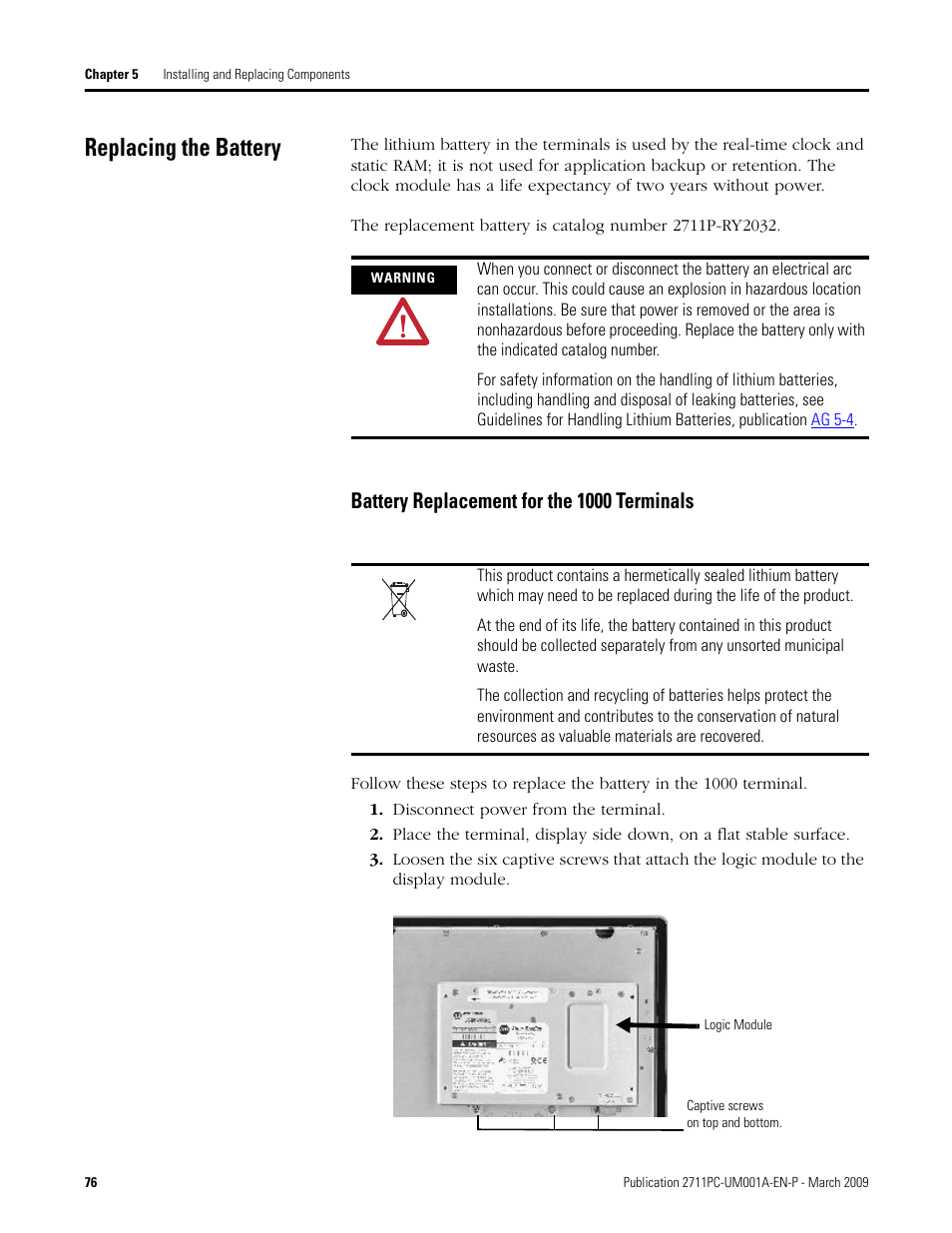 Replacing the battery, Battery replacement for the 1000 terminals | Rockwell Automation 2711PC-xxxx PanelView Plus Compact User Manual User Manual | Page 76 / 132